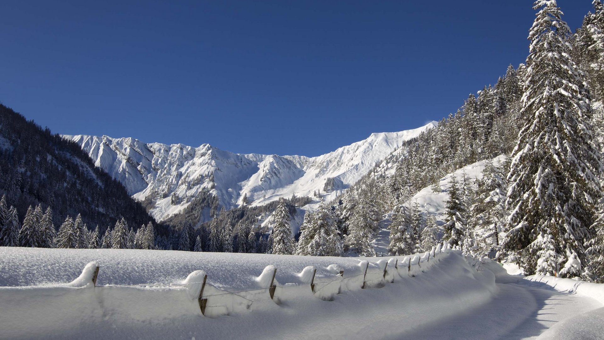Skiing at Lake Achensee and more Snow-covered road and trees in the mountains under clear sky